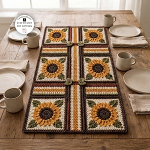 May include: A rectangular crochet table runner featuring six square panels with yellow and brown sunflower motifs, separated by vertical stripes in brown, orange, and cream. The runner includes small green leaf accents and text reading Care4youStudio STEP BY STEP PDF PATTREN.