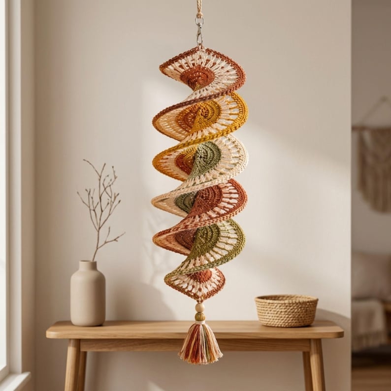 Crochet Wind Spinner Pattern PDF, Boho Twister Spiral Hanging Decor, 3D Crochet Mobile Tutorial, Porch and Home Ornament