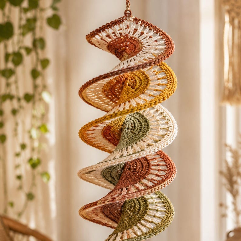 Crochet Wind Spinner Pattern PDF, Boho Twister Spiral Hanging Decor, 3D Crochet Mobile Tutorial, Porch and Home Ornament