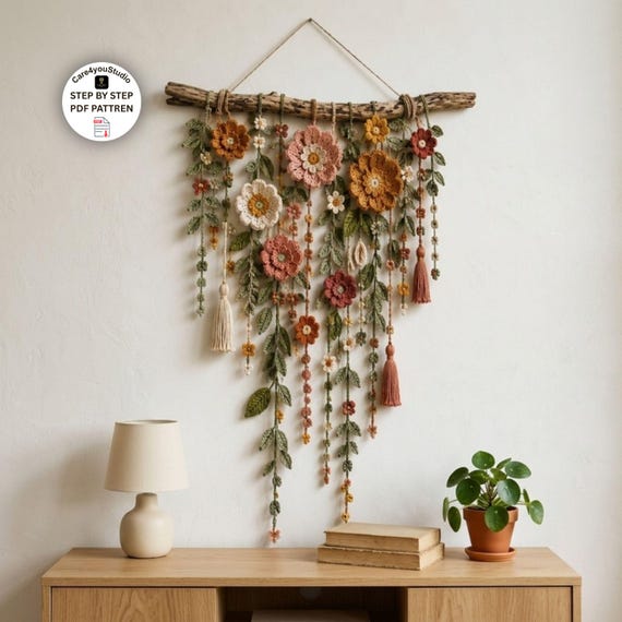 Crochet Flower Wall Hanging Pattern PDF, Boho Botanical Garland Decor
