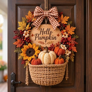 May include: A decorative wreath featuring a crochet sunflower, three crochet pumpkins, and autumn leaves in shades of orange, red, and yellow. A wooden sign in the center reads "Hello Pumpkin" with a brown and white gingham bow hanging above.