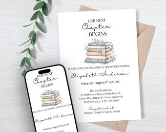 Bookish Bridal Shower Invitation, Her Next Chapter Begins Digital Invite, Editable Printable Canva Template