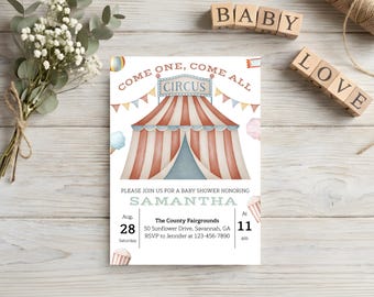 Come One Come All Circus Baby Shower Invitation, Watercolor Summer Carnival Invite, Editable Printable Canva Template (Digital Download)