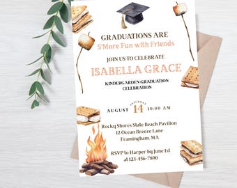 Graduation Bonfire Invitation, S'More Themed Grad Invite, Backyard Bonfire BBQ Party, Editable Printable Canva Template (Digital Download)