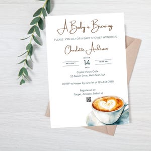 Inbjudan till babyshower med kaffe: En bebis bryggs, redigerbar Canvas-mall (digital nedladdning)