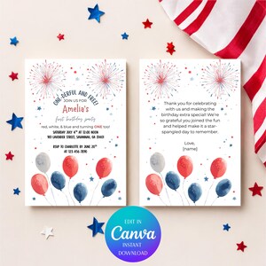 May include: Two invitation cards for a first birthday party. The cards feature red, white, and blue balloons, fireworks, and text that reads "ONE-DERFUL AND FREE!" and "Amelia's first birthday party". The cards are surrounded by star-shaped decorations.