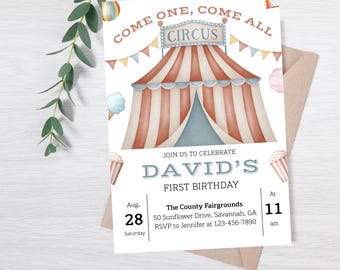 First Birthday Circus Invitation, Come One Come All Carnival Birthday Party Invite, Vintage Circus Theme, Editable Printable Canva Template