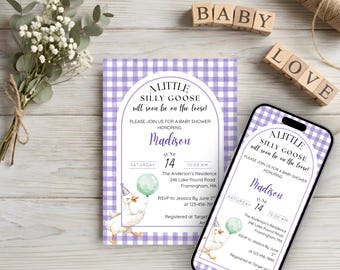 A Silly Goose Is Almost On The Loose, Purple Lavender Baby Shower Invitation, Baby Girl Invite, Editable Printable Canva Template