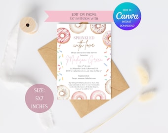 Donut Baby Sprinkle Invitation, Pink Donut Theme, Editable Canva Template (Digital Download)