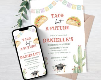 Taco 'Bout a Future Cactus watercolor Graduation Fiesta Invitation Template Instant Download Editable Printable Invite
