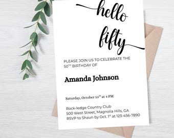 Hello Fifty Birthday Invite, Modern Script Minimalist Invitation,  Printable, Editable Canva Template