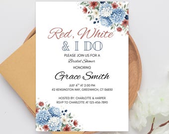 Patriotic Bridal Shower Invitation, Red White I Do, Coastal Grandma Hydrangea Template Editable Printable Canva Template (Digital Download)