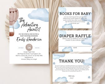 Adventure Awaits Baby Shower Invitation, Vintage Airplane Hot Airballoon Sky Cloud Invite, Editable Canva Template (Digital Download)