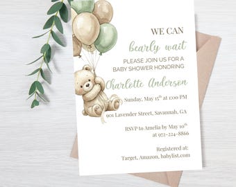 Boho Bearly Wait Baby Shower Invitation and Thank You, Green Teddy Bear Invitation, Editable Canva Template, Print at Home, Digital Download