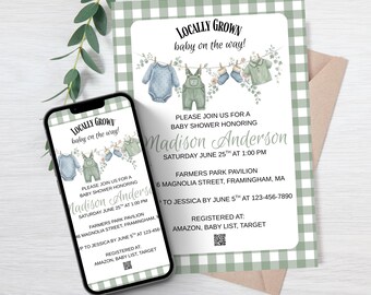 Invitation baby shower de bébé cultivé localement sur le chemin, thème du marché de producteurs, cottage-cor, ferme-cor, modèle de toile modifiable, imprimable