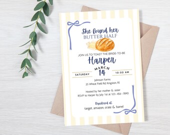 She Found Her Butter Half Bridal Shower Invitation, Bread and Butter Invite, Handwritten Font, Editable Canva Template (Digital Download)