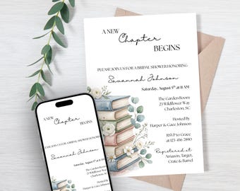 Editable Bridal Shower Invitation Template, Minimalist Bookish Bride, Wedding Shower Invite, Printable Canva Template (digital download)