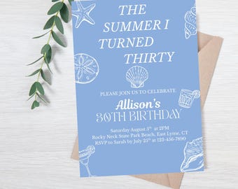 The Summer I Turned Thirty Birthday Invitation, 30th Coastal Birthday Party Seashells Beach Invite, Canva Editable Template Instant Download