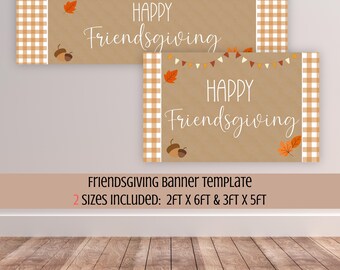 Friendsgiving Banner, Fall Gathering Sign Template, Brown Gingham Decor, Editable Canva Template