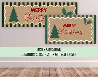 Merry Christmas Banner Template, Traditional Holiday Theme Sign, Home Festive Decor, Editable Canva Template
