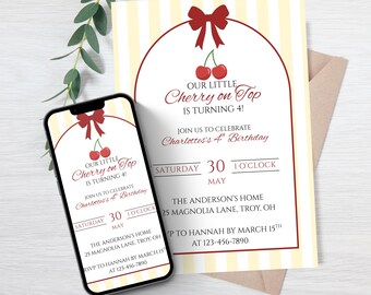 Cherry on Top Birthday Invitation, Yellow Stripes Coquette Invite, any age party, Editable Canva Template, Printable