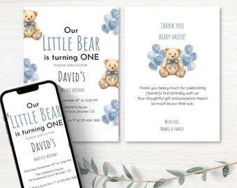Boy First Birthday Invitation Suite, Beary 1st Birthday Invite Bundle, Teddy Bear Blue Balloons, Editable Printable Canva Template