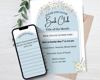 Editable Blue Book Club Invitation Template for Canva (Digital Download)