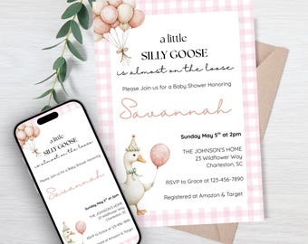 A Little Silly Goose Is Almost On The Loose, Pink Gingham Baby Shower Invitation, Coquettish Baby Girl Invite, Editable Canva Template