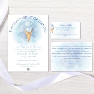 May include: Baby shower invitation set with an ice cream theme. The invitation features a watercolor illustration of an ice cream cone with two scoops. The text reads "Two scoops are better than one" and includes details for the event honoring Samantha Andersen.