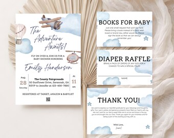 Vintage Airplane Baby Shower Invitation Bundle, Adventure Awaits Hot Air Balloon Sky Cloud Invite, Editable Canva Template