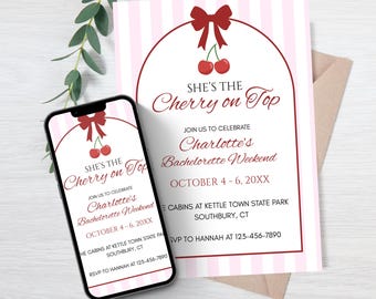 Editable Cherry On Top Bachelorette Party Invitation Canva Weekend Itinerary Coquette Bridal Shower Itinerary Printable Invite