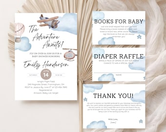 Adventure Awaits Baby Shower Invitation Bundle, Vintage Airplane Sky Cloud Invite Suite Editable Printable Canva Template (Digital Download)