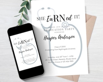 eaRNed it! Nursing School Graduation Invitation Template, Nursing School Pinning Ceremony Invite, Printable, Editable Canva Digital Download