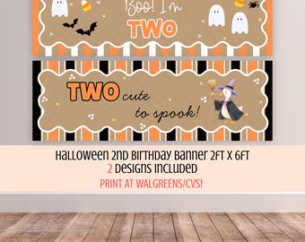 Two Cute To Spook Banner, Halloween Birthday Sign, Boo! I'm Two, 2x6ft Party Decor, Editable Canva Template (Digital Download)