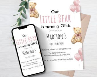 Teddy Bear First Birthday Invitation Template, Editable Beary Invite (Digital Download)