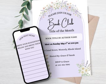 Editable Purple Book Club Invitation Template for Canva (Digital Download)