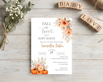May include: A rectangular baby shower invitation card featuring floral illustrations in peach and cream tones, orange pumpkins, and black text that reads Fall in love with Baby Baker, honoring Samantha Baker on October 14th at Johnson Farms.