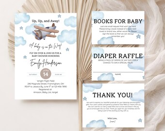 Vintage Airplane Baby Shower Invitation Bundle, Boy Travel Invite Blue Sky Adventure Invite, Editable Canva Template (Digital Download)