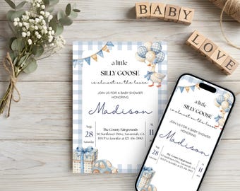 A Silly Goose Is Almost On The Loose! Blue Gingham Baby Shower Invitation, Editable Printable Canva Template (Digital Download)