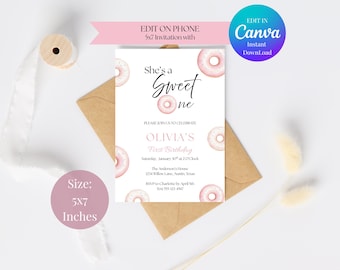 Donut First Birthday Invitation, She's a Sweet ONE Doughnut Themed Party Invite, Editable Printable Canva Template (Digital Download)