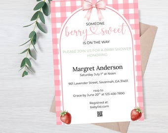 Editable Berry Sweet Baby Shower Invite, Pink coquette bow Strawberry Invitation, Printable Canva Template