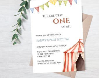First Birthday Circus Invitation, The Greatest One of All Carnival Birthday Party Invite, Vintage Circus Theme, Editable Canva Template
