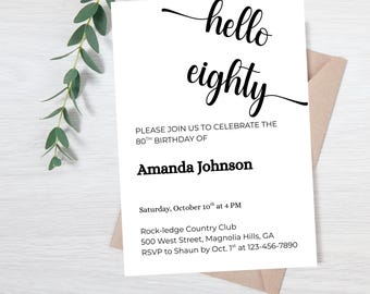 Hello Eighty Birthday Invite, Modern Script Minimalist Invitation,  Printable, Editable Canva Template