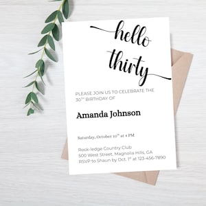 May include: White invitation card with black text that reads "hello thirty" and details for a 30th birthday celebration. The card includes the name "Amanda Johnson", date, time, and location. A sprig of green leaves is in the upper left corner.