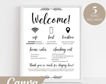 Airbnb Guest Welcome Template, VRBO Vacation Rental House Rules Sign, Guest Information Poster Printable, Editable Canva Template