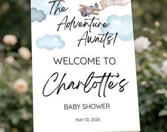 The Adventure Awaits Baby Shower Welcome Sign, Watercolor Vintage Airplane Cloud Star, Editable Printable Canva Template (Digital Download)