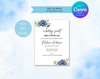 Berry Sweet Baby Shower Invitation Template, Editable Blueberry Invite, Canva Template, Instant Download