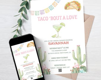 Taco 'Bout Love Fiesta Cactus Margaritas & Matrimony watercolor Bridal Shower Invitation Template Instant Download Editable Printable Invite