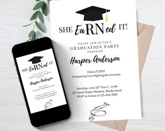 eaRNed it! Nursing School Graduation Invitation Template, Nursing School Pinning Ceremony Invite, Printable, Editable Canva Digital Download