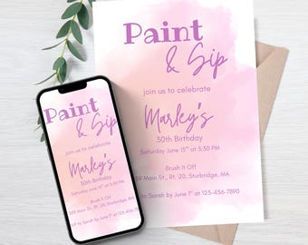 Paint & Sip Birthday Invitation, Purple Watercolor Template, Editable Canva Template Printable
